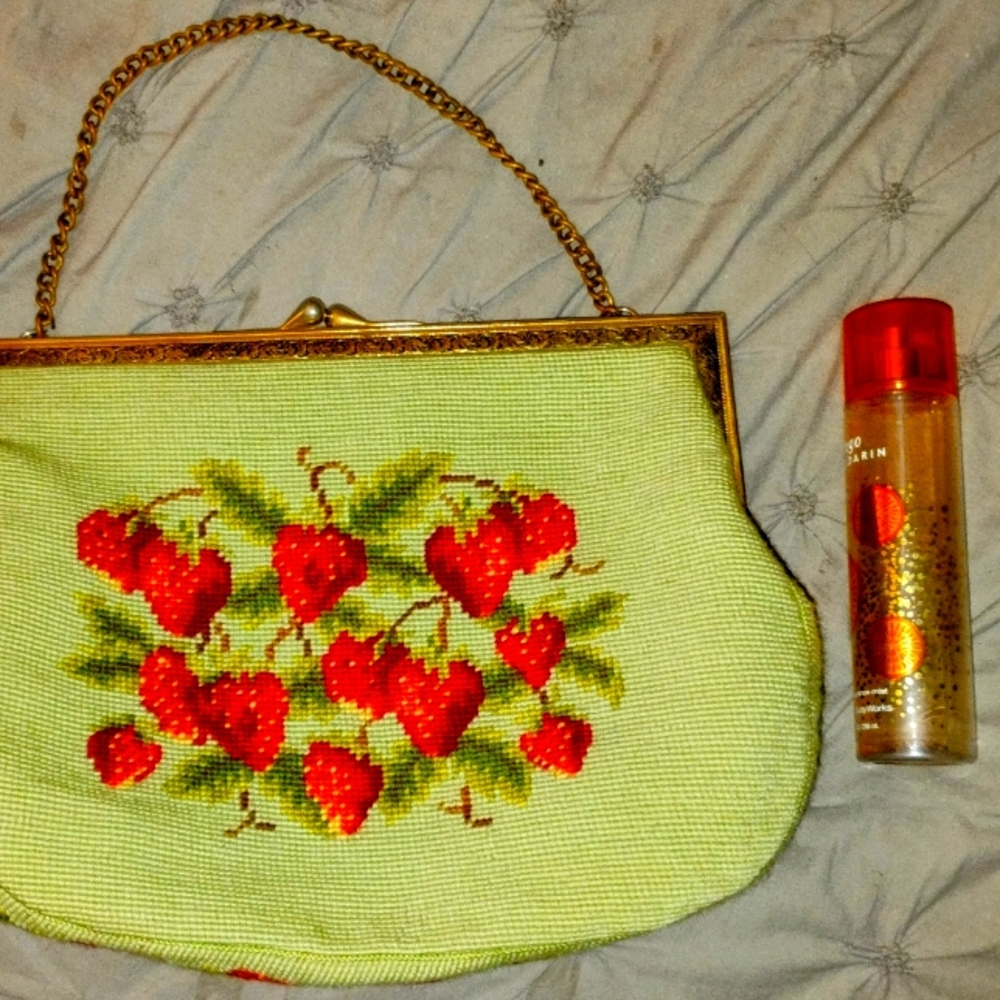 Christine Custom Handbag Large BOHO Needlepoint strawberry/light green. Brass.